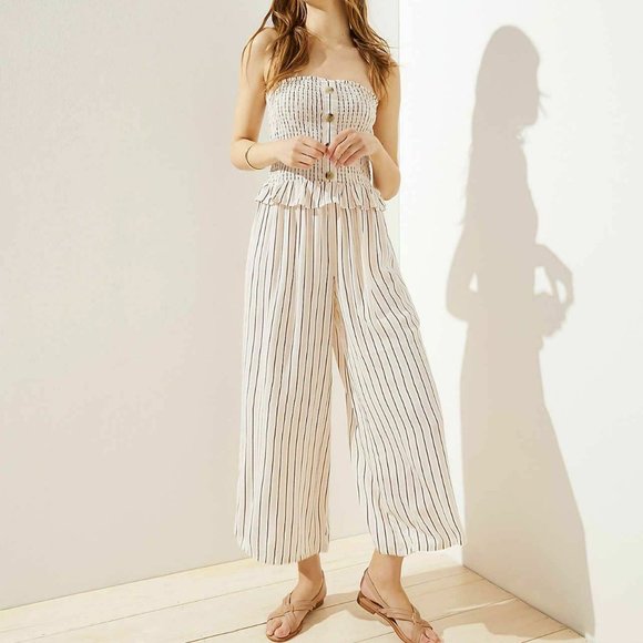 LOFT Pants - LOFT Beach Stripe Smocked Wide Leg Crop Jumpsuit